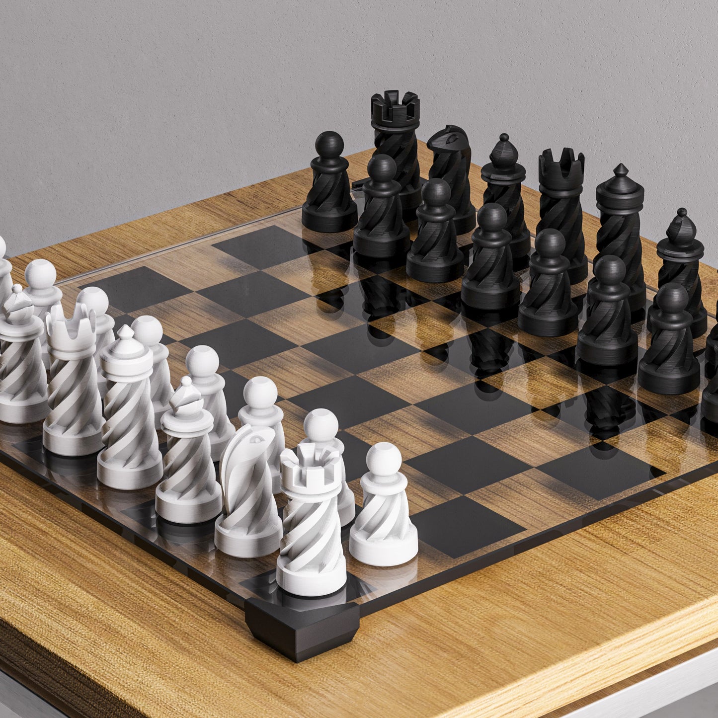 Modern Glass Board Chess Set: Weighted PLA Pieces, Spiral Chess Design