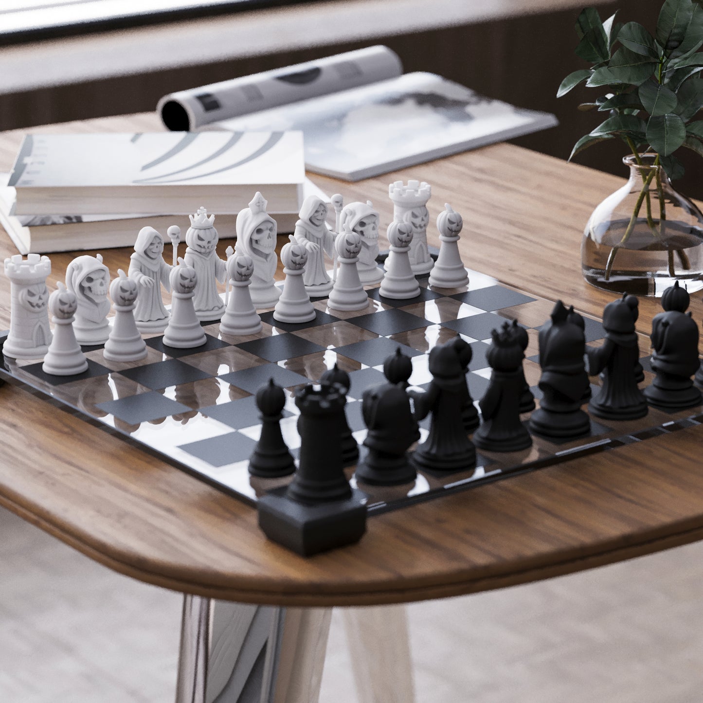 Modern Halloween Glass Board Chess Set: Weighted PLA Pieces, Handmade