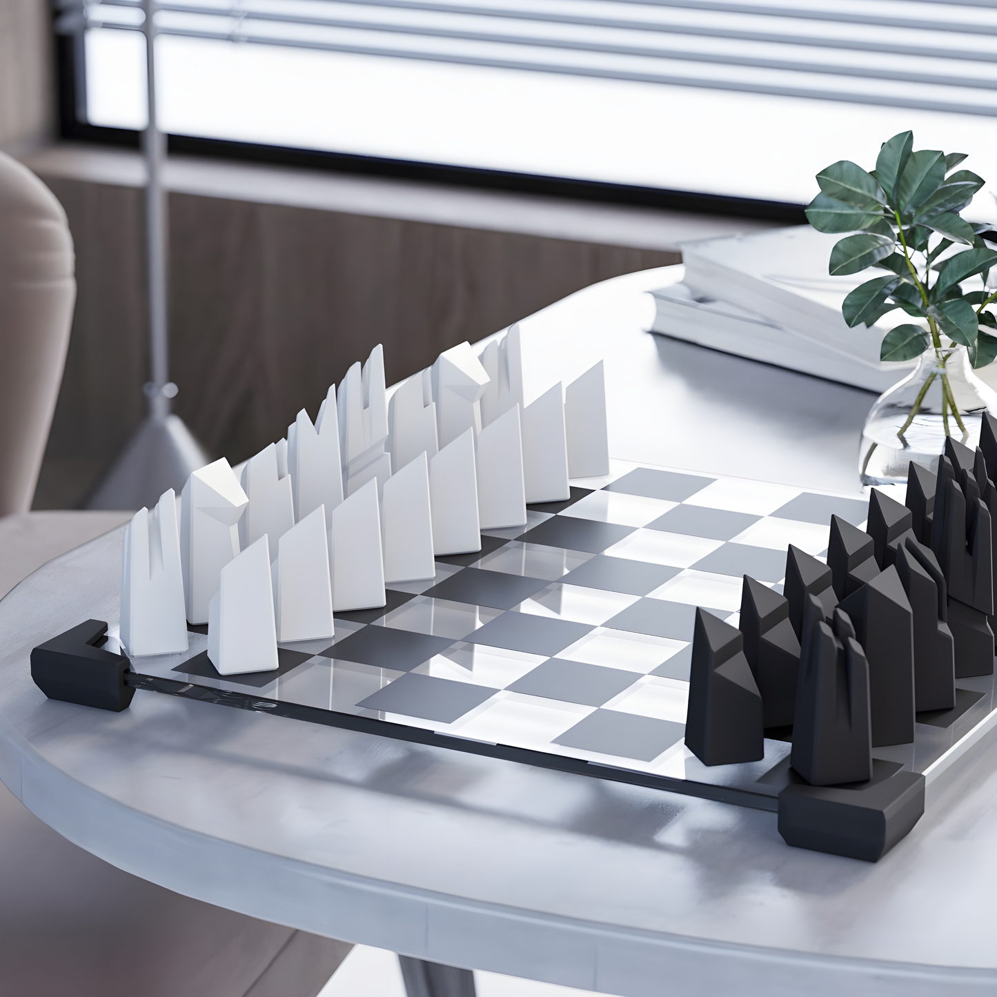 Modern Geometric Minimalist Glass Chess Set: Weighted PLA Pieces