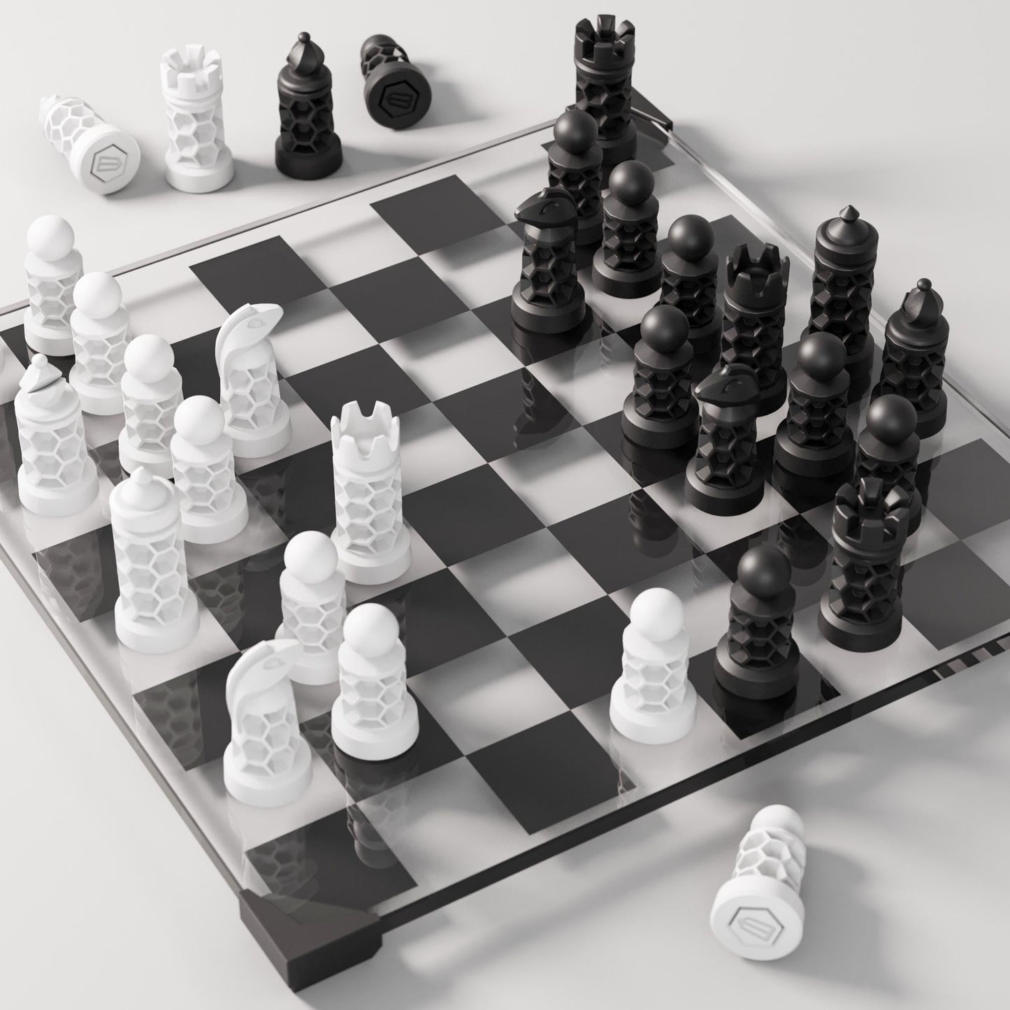 Modern Glass Chess Set: Geometric Weighted Pieces, Handmade