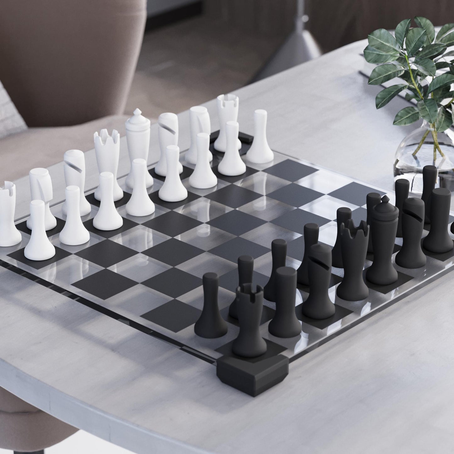 Modern 3D Printed Chess Set: Weighted PLA Pieces, Glass Board