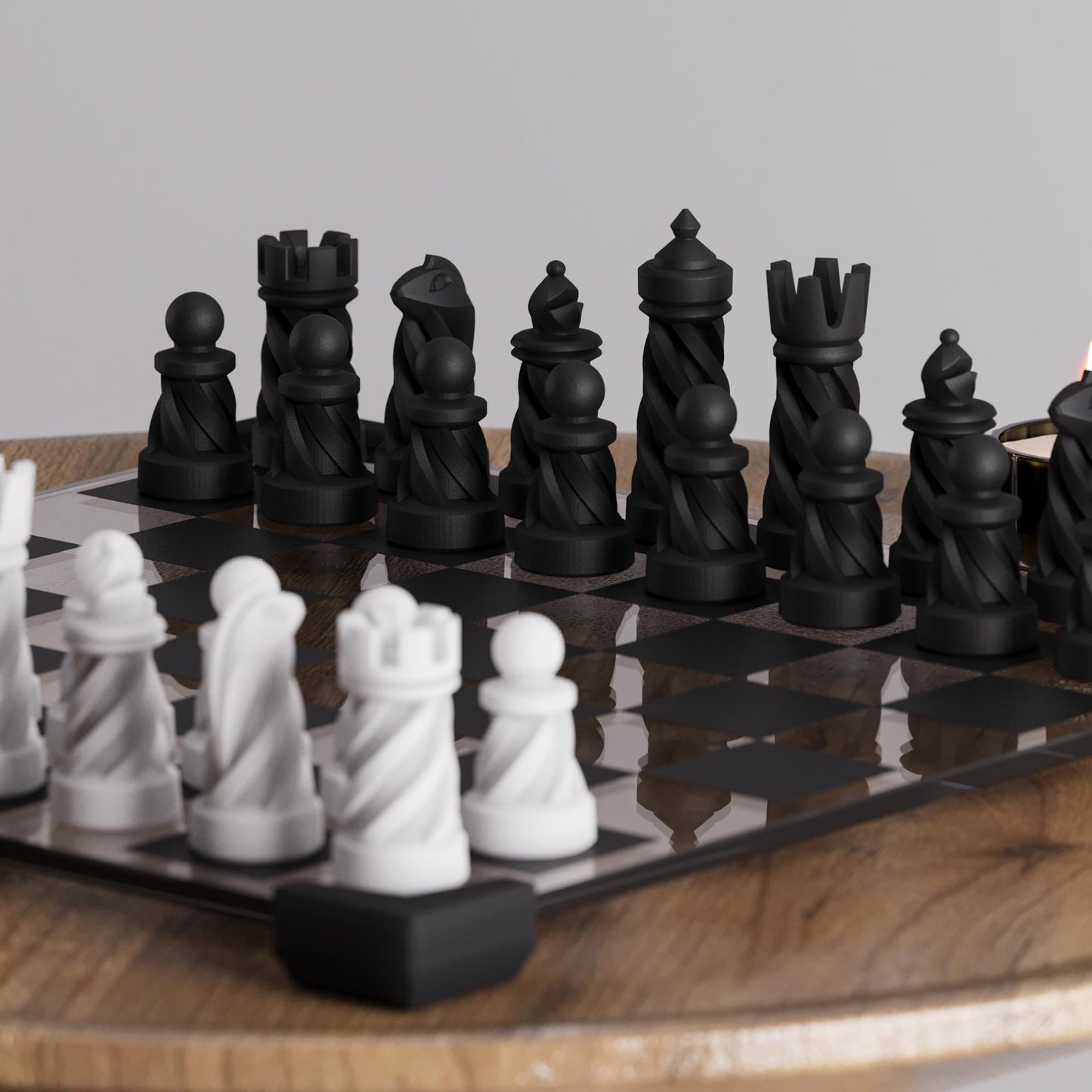 Modern Glass Board Chess Set: Weighted PLA Pieces, Spiral Chess Design
